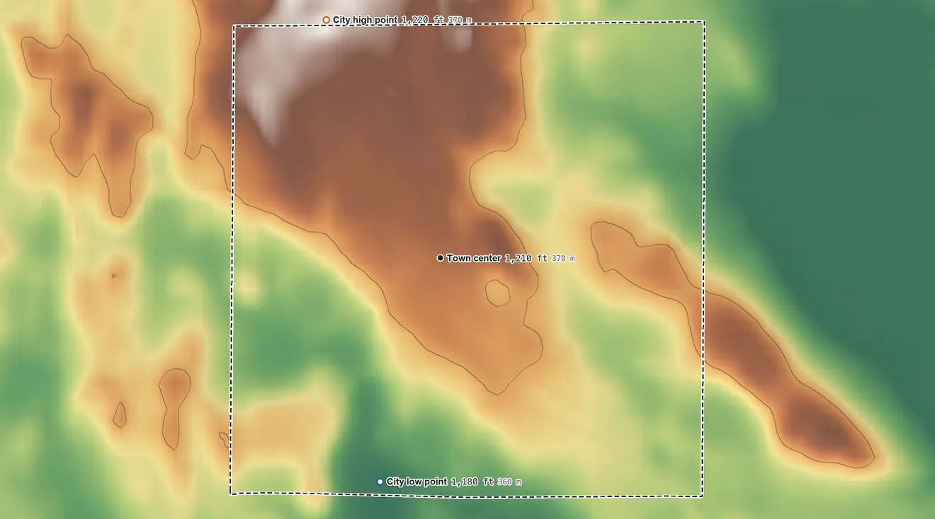 Topographic elevation map of Galt, Iowa, shaded from 1,180 ft on the south side to 1,220 ft on the northwest side