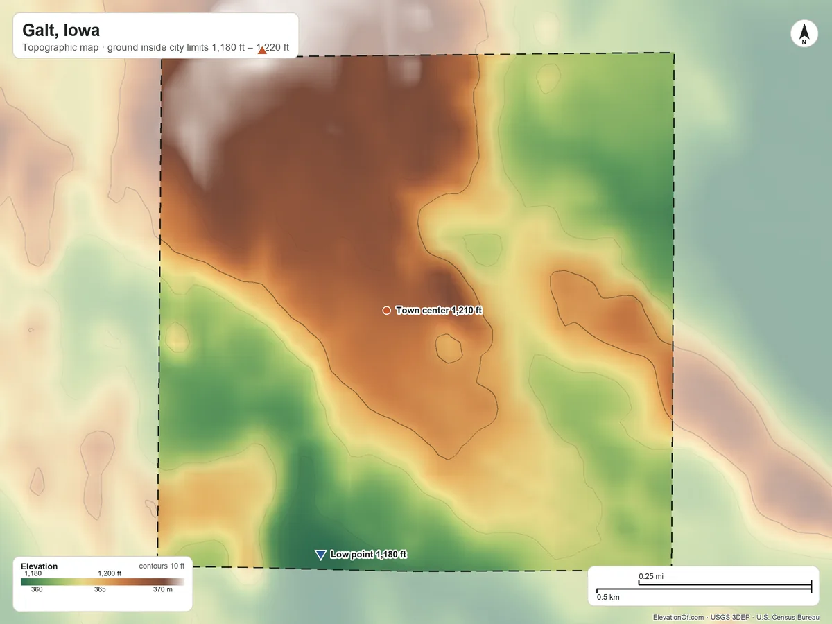Topographic elevation map of Galt, Iowa, shaded from 1,180 ft on the south side to 1,220 ft on the northwest side