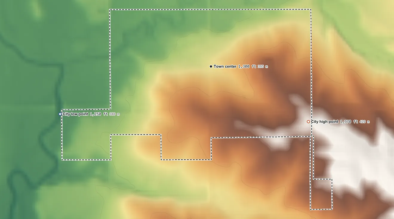 Topographic elevation map of Galva, Iowa, shaded from 1,250 ft on the west side to 1,370 ft on the southeast side