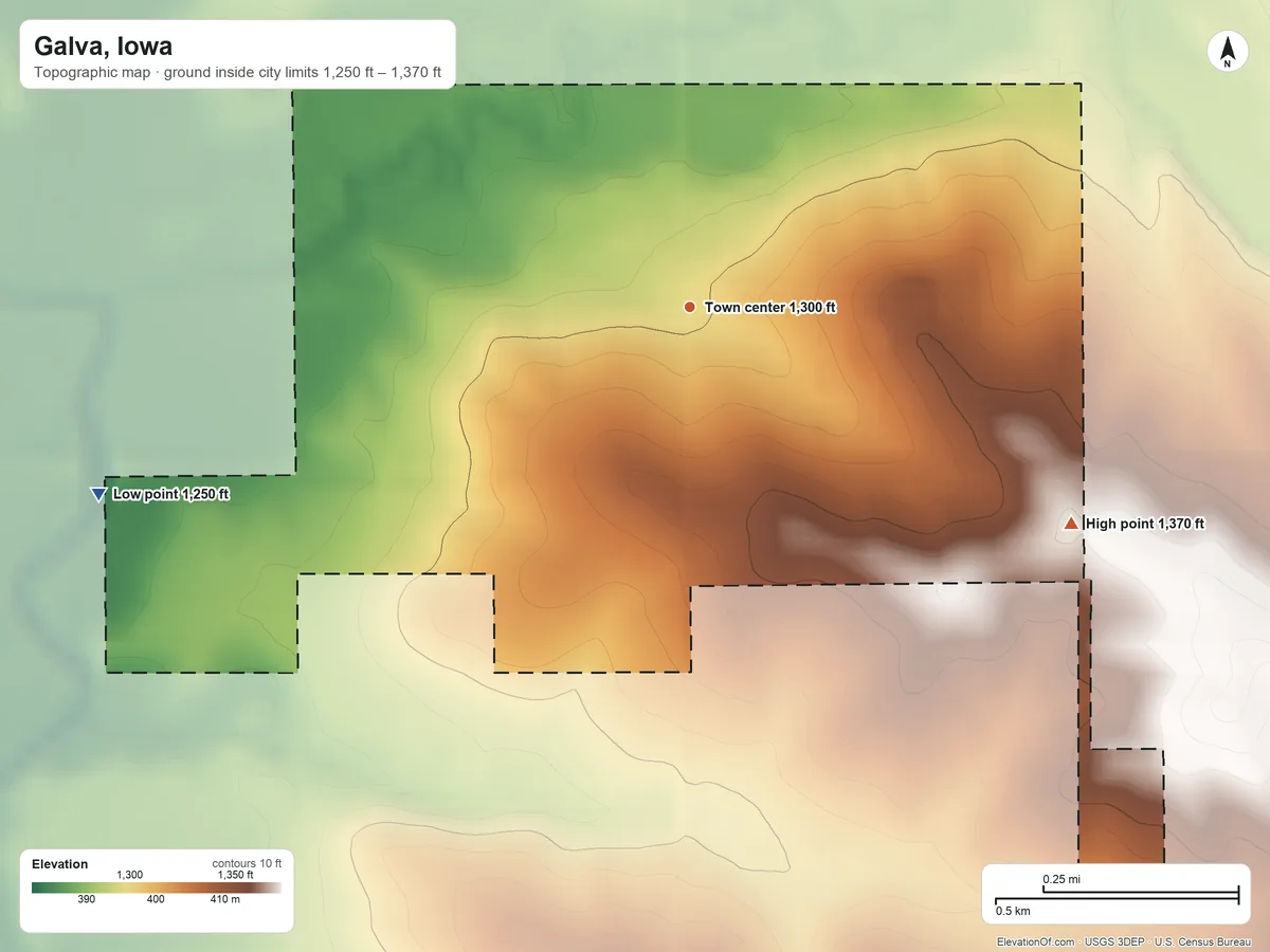 Topographic elevation map of Galva, Iowa, shaded from 1,250 ft on the west side to 1,370 ft on the southeast side