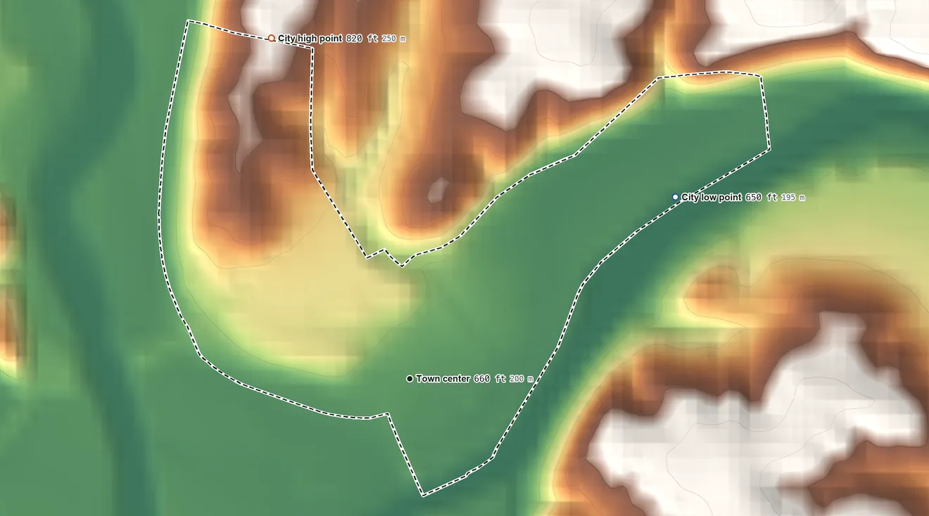 Topographic elevation map of Garber, Iowa, shaded from 650 ft on the northeast side to 820 ft on the north side