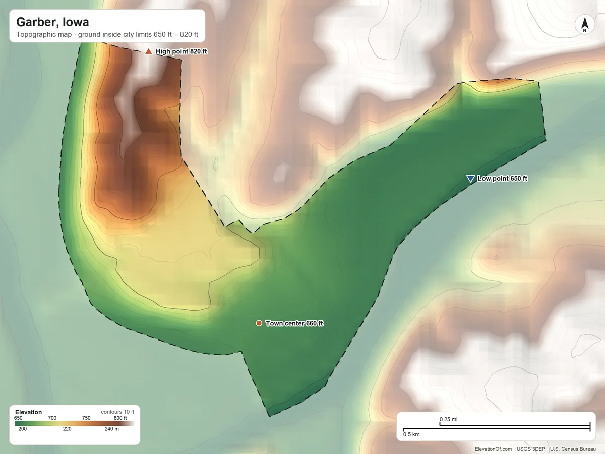 Topographic elevation map of Garber, Iowa, shaded from 650 ft on the northeast side to 820 ft on the north side