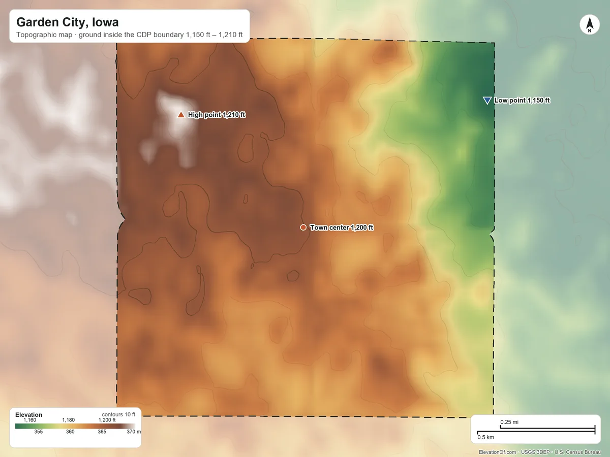 Topographic elevation map of Garden City, Iowa, shaded from 1,150 ft on the northeast side to 1,210 ft on the northwest side