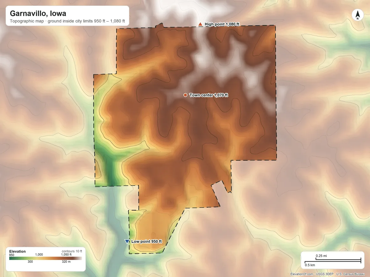 Topographic elevation map of Garnavillo, Iowa, shaded from 950 ft on the south side to 1,080 ft on the north side