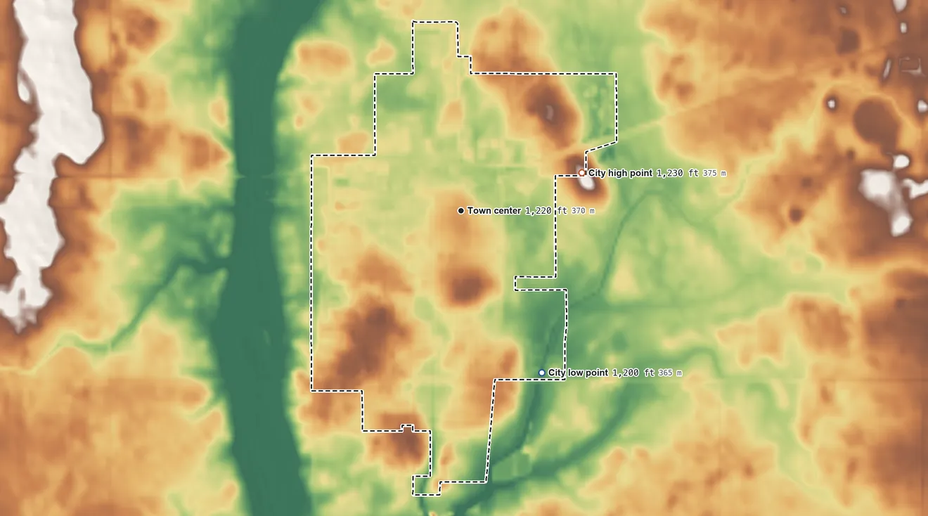 Topographic elevation map of Garner, Iowa, shaded from 1,200 ft on the southeast side to 1,230 ft on the east side