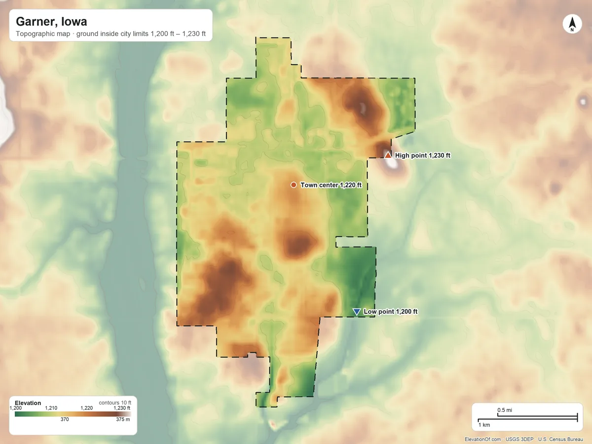 Topographic elevation map of Garner, Iowa, shaded from 1,200 ft on the southeast side to 1,230 ft on the east side