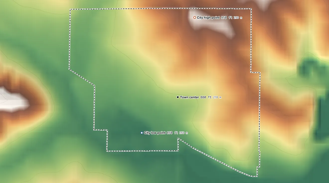 Topographic elevation map of Garrison, Iowa, shaded from 850 ft on the southwest side to 950 ft on the north side