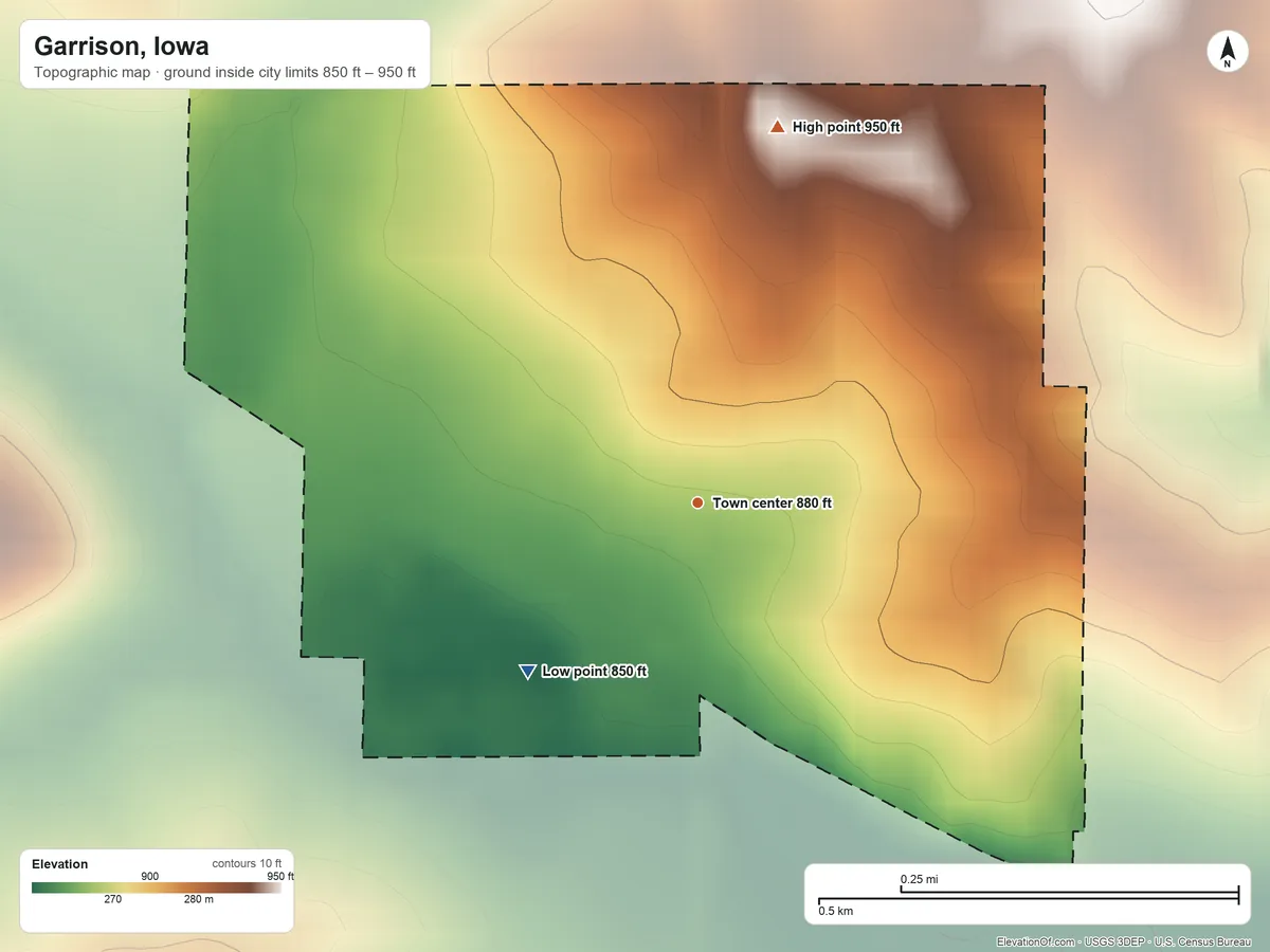 Topographic elevation map of Garrison, Iowa, shaded from 850 ft on the southwest side to 950 ft on the north side