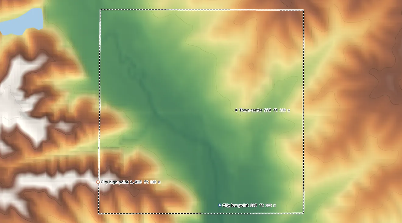 Topographic elevation map of Garwin, Iowa, shaded from 890 ft on the south side to 1,020 ft on the southwest side