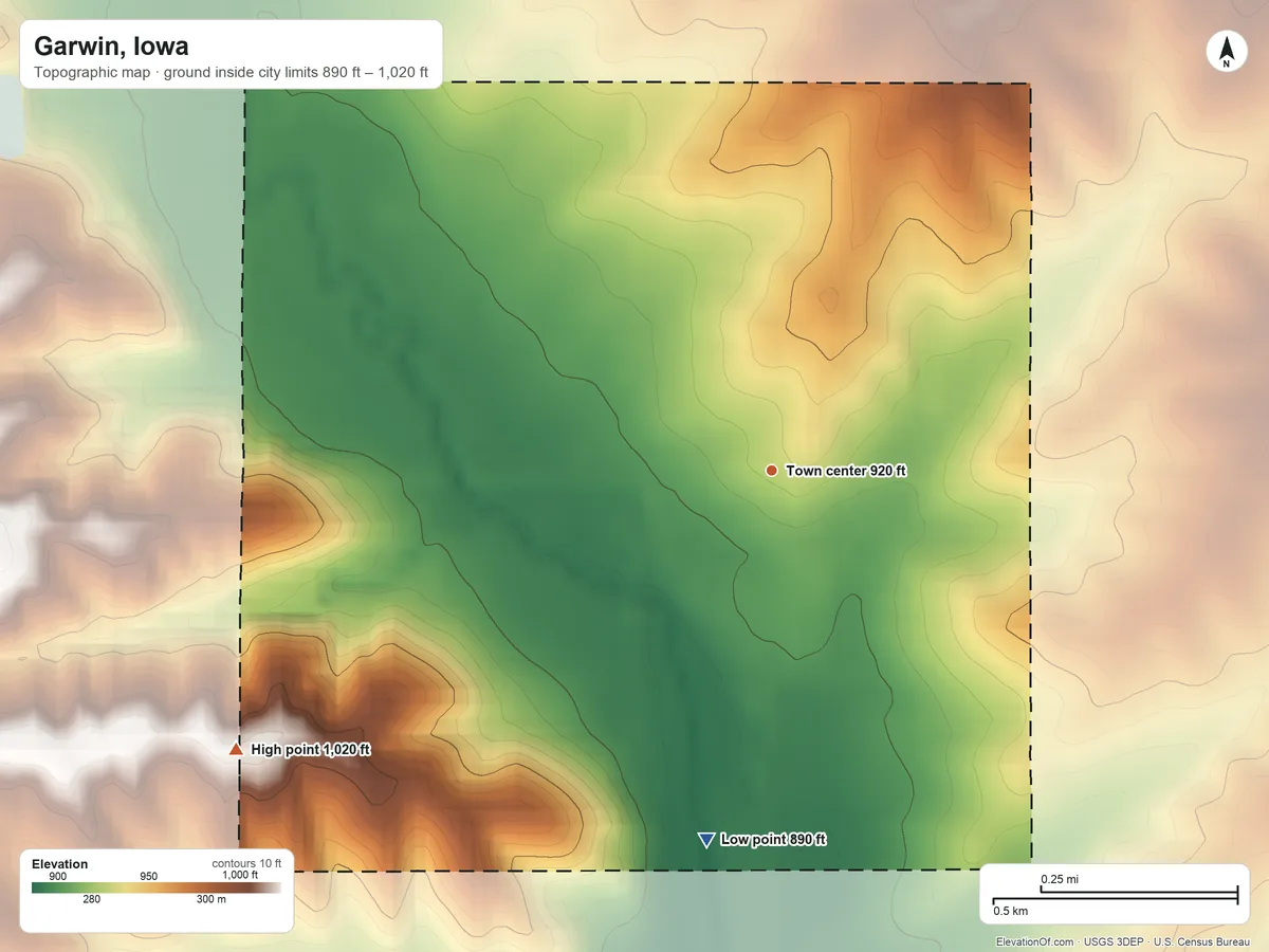 Topographic elevation map of Garwin, Iowa, shaded from 890 ft on the south side to 1,020 ft on the southwest side