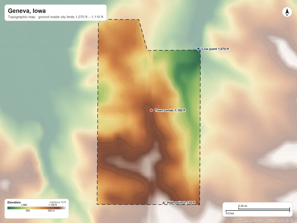 Topographic elevation map of Geneva, Iowa, shaded from 1,070 ft on the northeast side to 1,110 ft on the south side