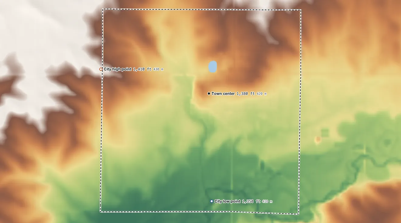 Topographic elevation map of George, Iowa, shaded from 1,350 ft on the south side to 1,410 ft on the west side