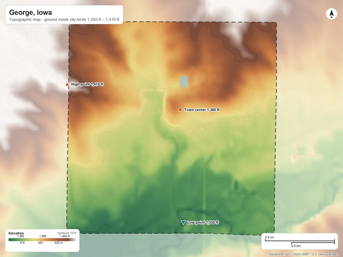 Topographic elevation map of George, Iowa, shaded from 1,350 ft on the south side to 1,410 ft on the west side