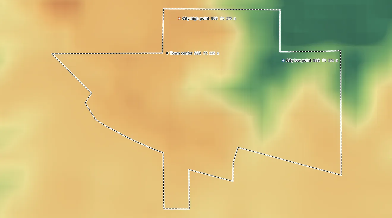 Topographic elevation map of Gibson, Iowa, shaded from 880 ft on the east side to 900 ft on the north side