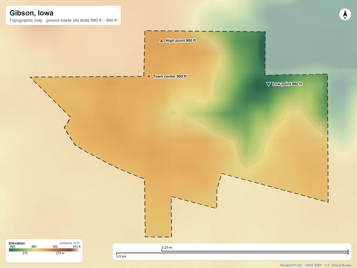 Topographic elevation map of Gibson, Iowa, shaded from 880 ft on the east side to 900 ft on the north side