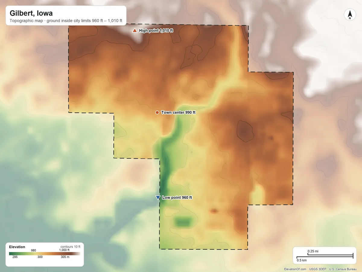 Topographic elevation map of Gilbert, Iowa, shaded from 960 ft on the south side to 1,010 ft on the north side