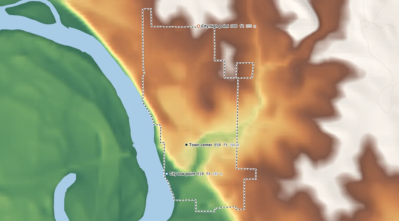 Topographic elevation map of Gilbertville, Iowa, shaded from 810 ft on the southwest side to 900 ft on the north side