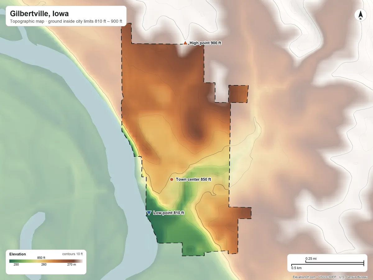 Topographic elevation map of Gilbertville, Iowa, shaded from 810 ft on the southwest side to 900 ft on the north side