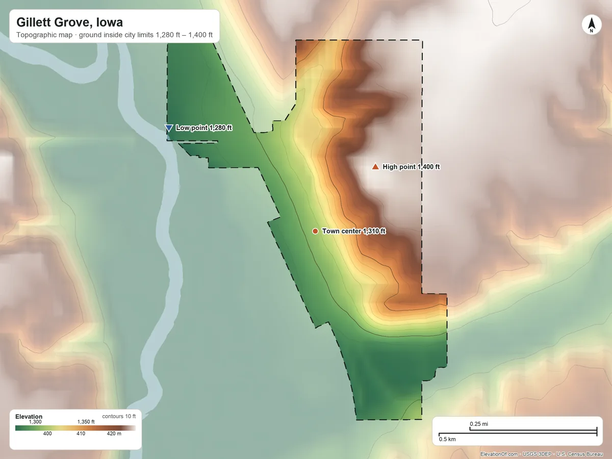 Topographic elevation map of Gillett Grove, Iowa, shaded from 1,280 ft on the northwest side to 1,400 ft on the northeast side