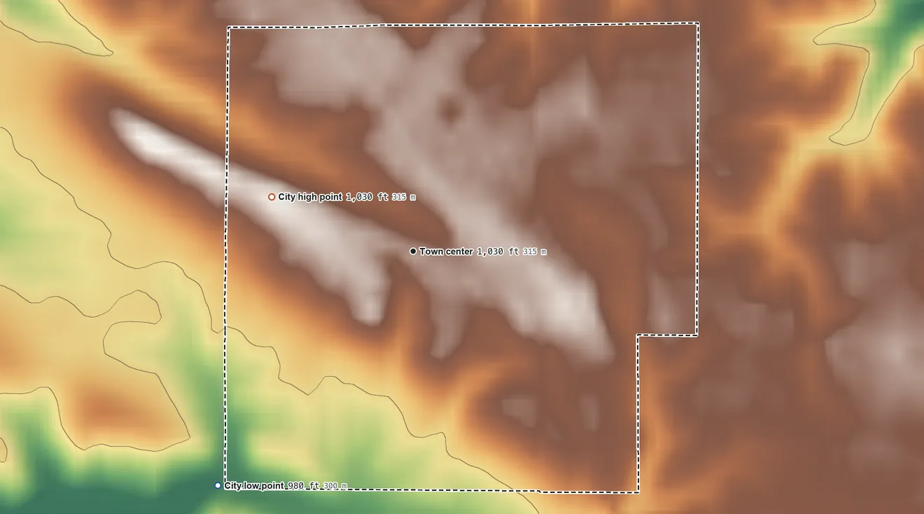 Topographic elevation map of Gilman, Iowa, shaded from 980 ft on the southwest side to 1,030 ft on the west side