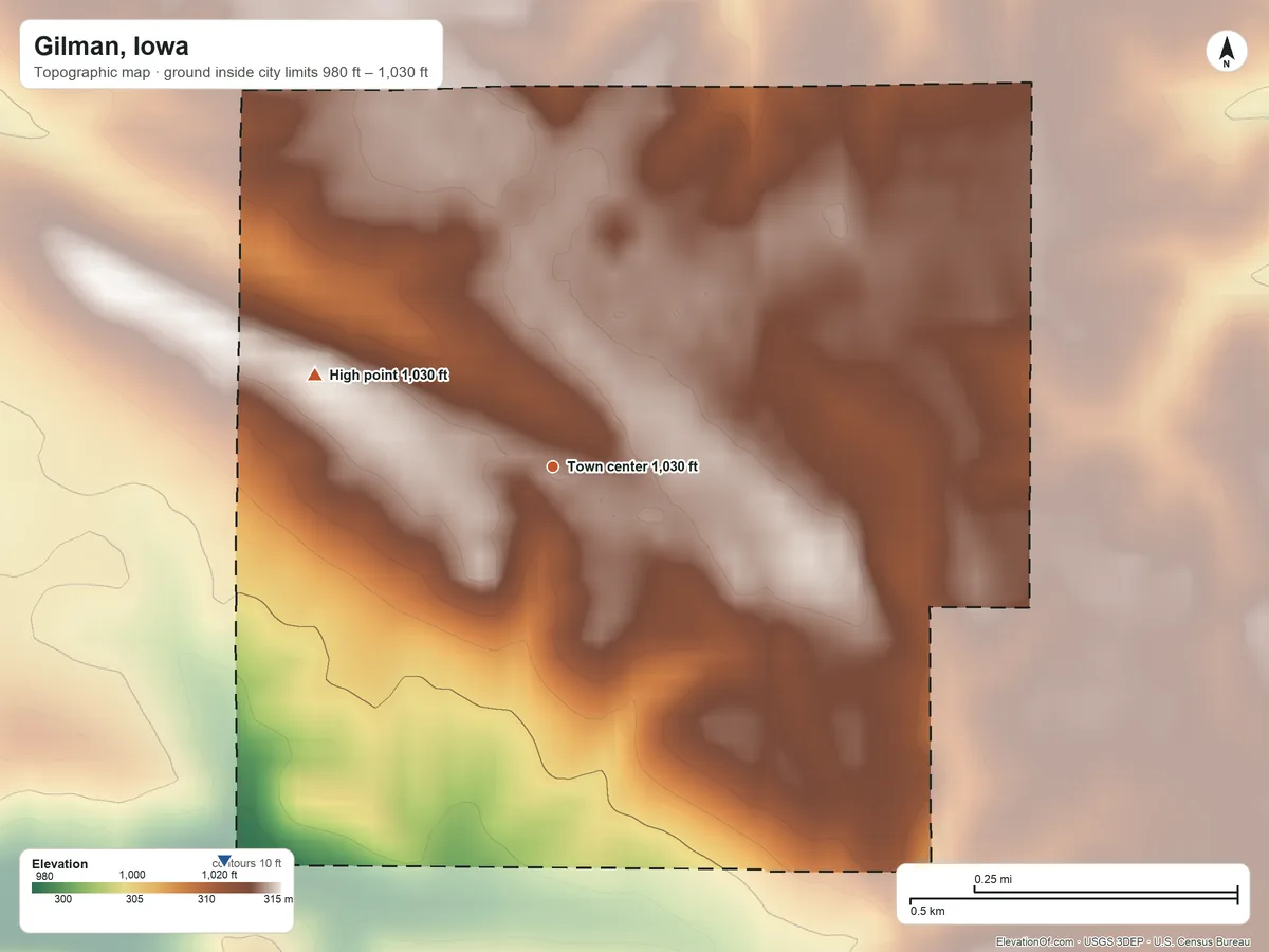 Topographic elevation map of Gilman, Iowa, shaded from 980 ft on the southwest side to 1,030 ft on the west side