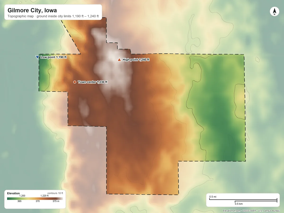 Topographic elevation map of Gilmore City, Iowa, shaded from 1,190 ft on the northwest side to 1,240 ft on the northeast side
