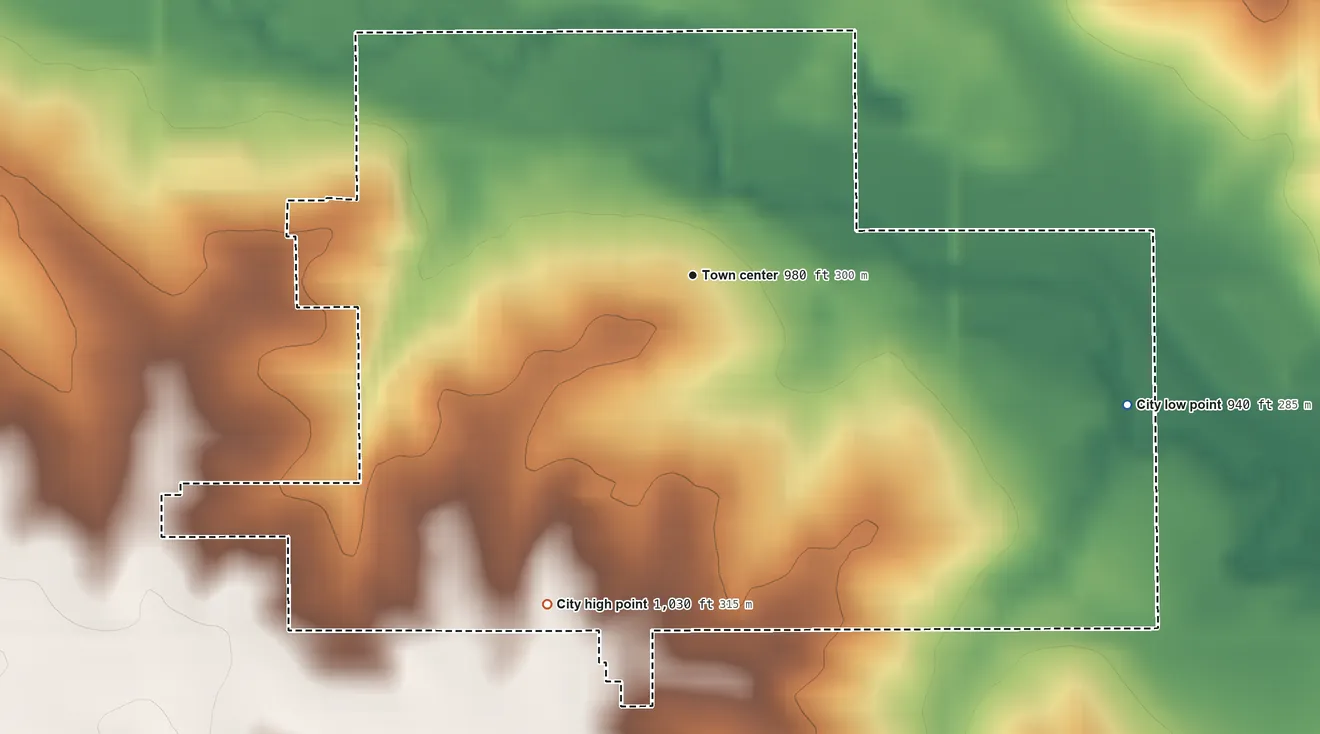 Topographic elevation map of Gladbrook, Iowa, shaded from 940 ft on the east side to 1,030 ft on the southwest side