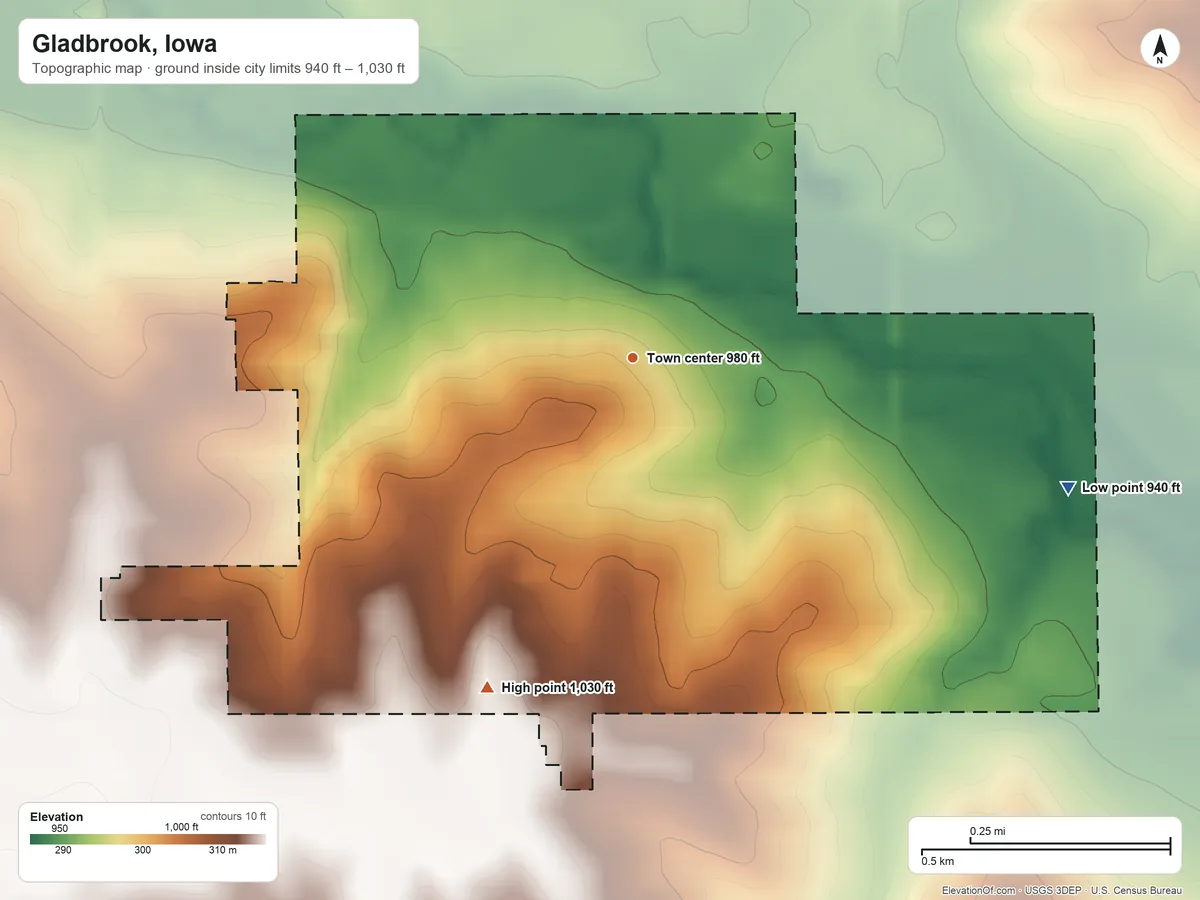 Topographic elevation map of Gladbrook, Iowa, shaded from 940 ft on the east side to 1,030 ft on the southwest side