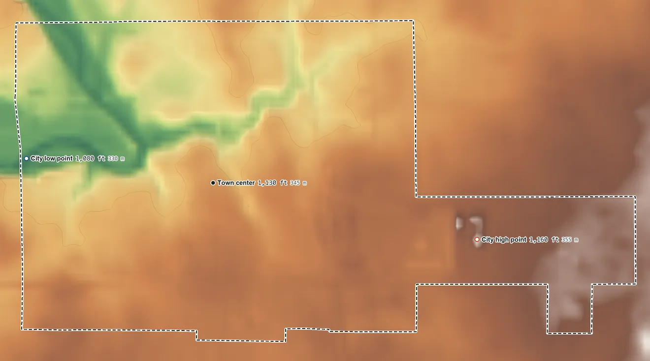 Topographic elevation map of Goldfield, Iowa, shaded from 1,080 ft on the west side to 1,160 ft on the east side