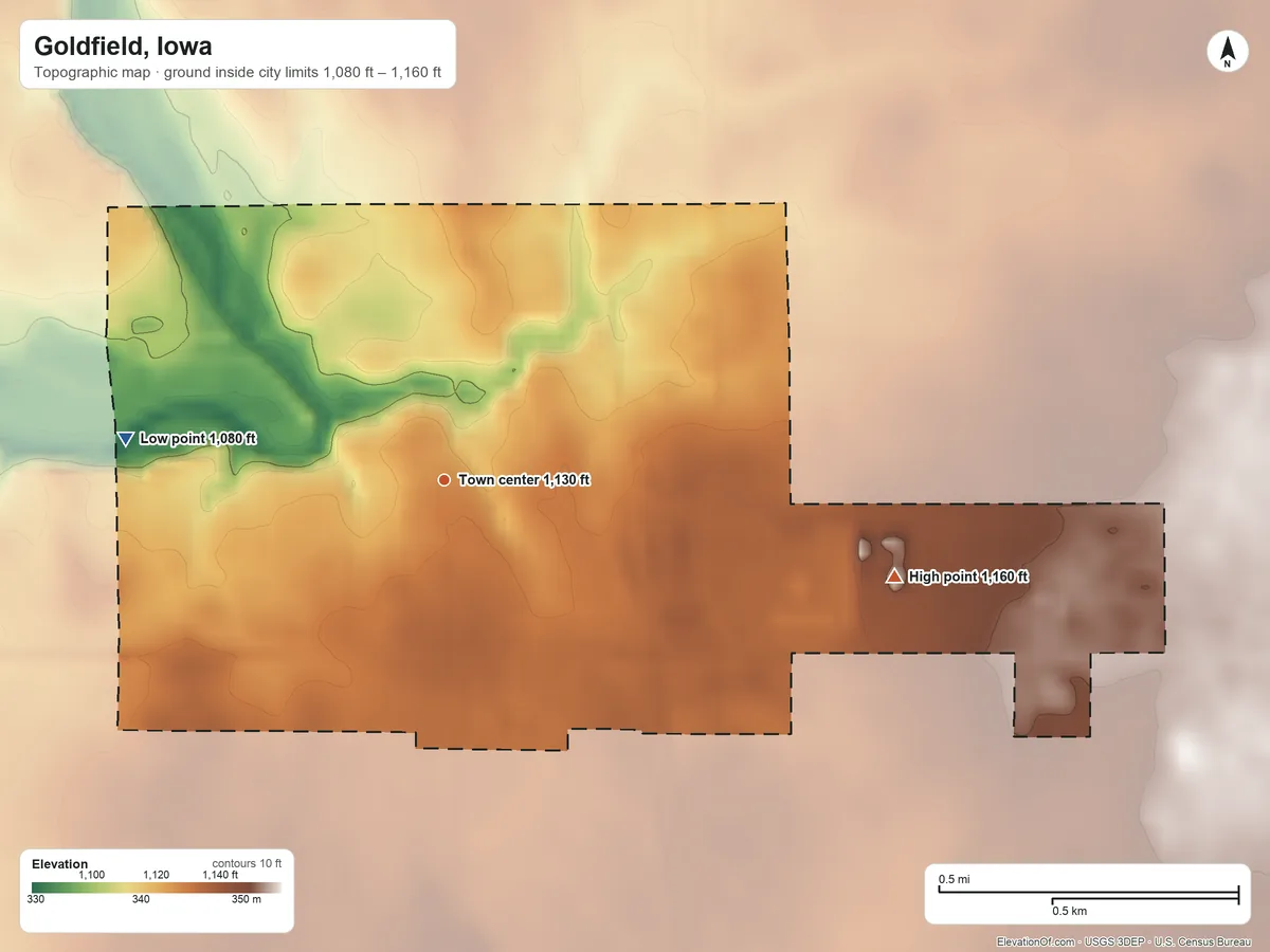 Topographic elevation map of Goldfield, Iowa, shaded from 1,080 ft on the west side to 1,160 ft on the east side
