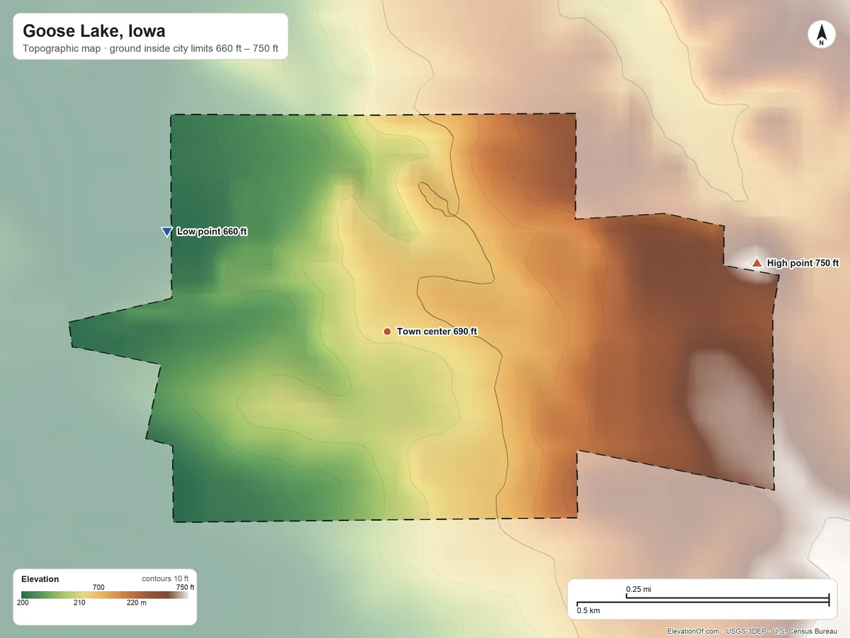 Topographic elevation map of Goose Lake, Iowa, shaded from 660 ft on the northwest side to 750 ft on the east side