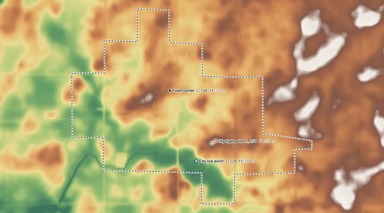 Topographic elevation map of Gowrie, Iowa, shaded from 1,120 ft on the south side to 1,150 ft on the southeast side