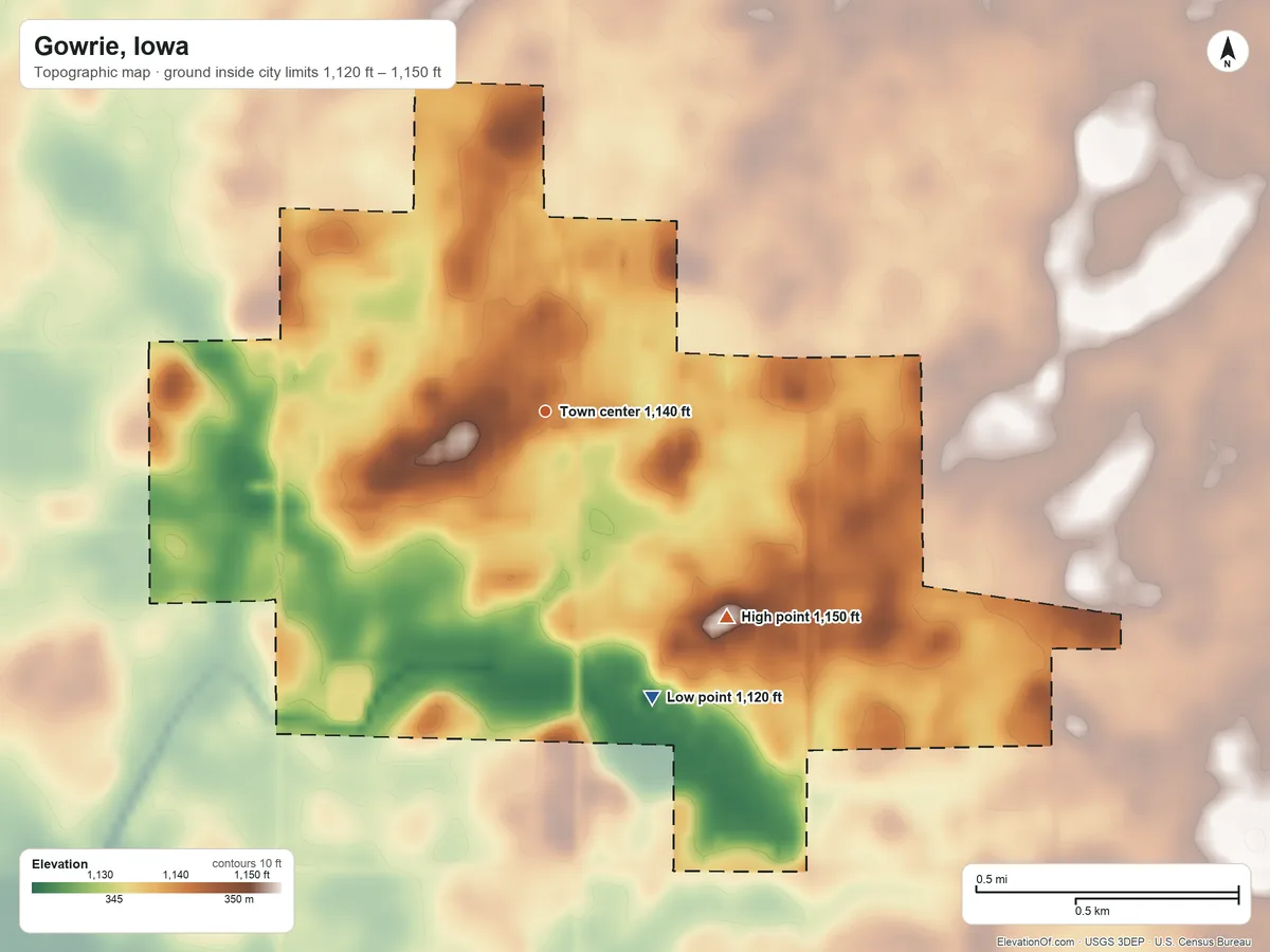Topographic elevation map of Gowrie, Iowa, shaded from 1,120 ft on the south side to 1,150 ft on the southeast side