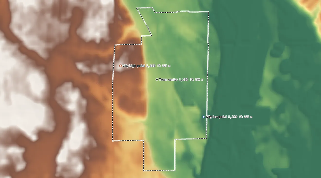 Topographic elevation map of Graettinger, Iowa, shaded from 1,230 ft on the southeast side to 1,300 ft on the west side