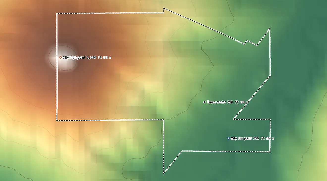 Topographic elevation map of Graf, Iowa, shaded from 750 ft on the southeast side to 1,030 ft on the west side