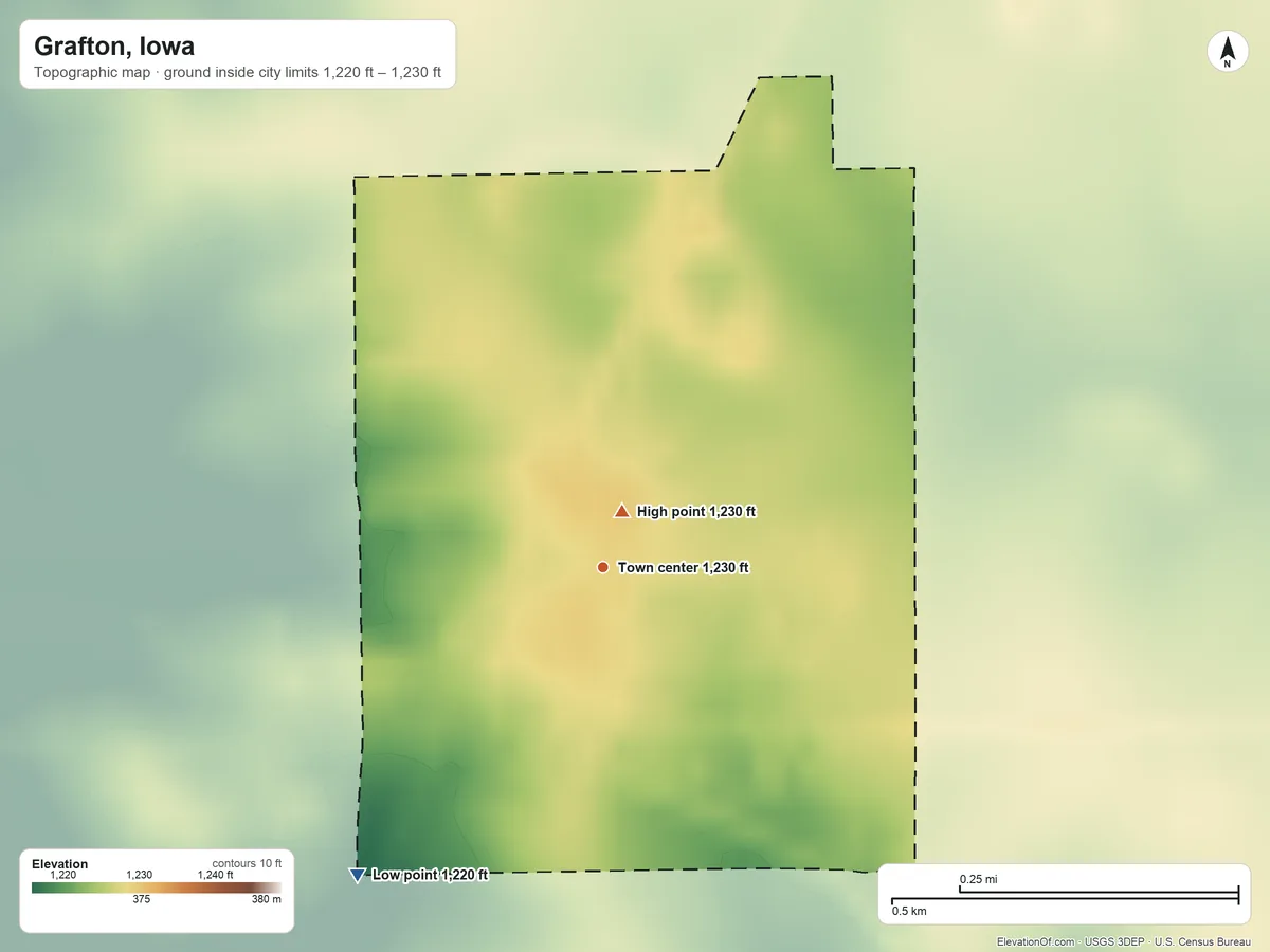 Topographic elevation map of Grafton, Iowa, shaded from 1,220 ft on the southwest side to 1,230 ft near the middle