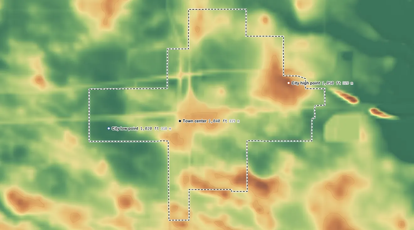 Topographic elevation map of Grand Junction, Iowa, shaded from 1,020 ft on the west side to 1,050 ft on the east side