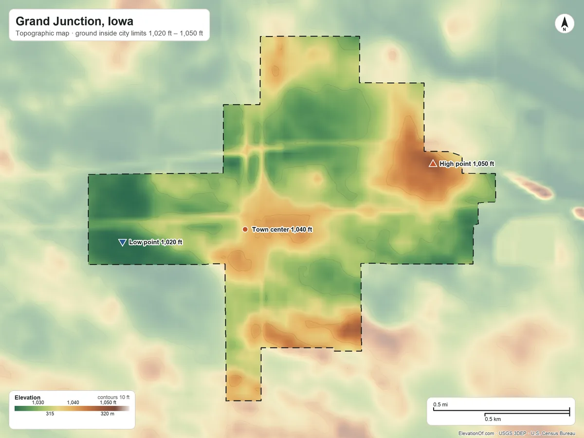 Topographic elevation map of Grand Junction, Iowa, shaded from 1,020 ft on the west side to 1,050 ft on the east side
