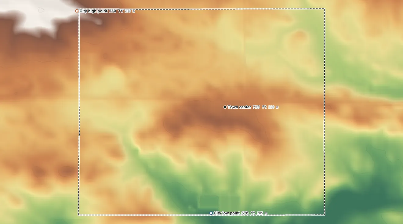 Topographic elevation map of Grand Mound, Iowa, shaded from 670 ft on the south side to 750 ft on the northwest side