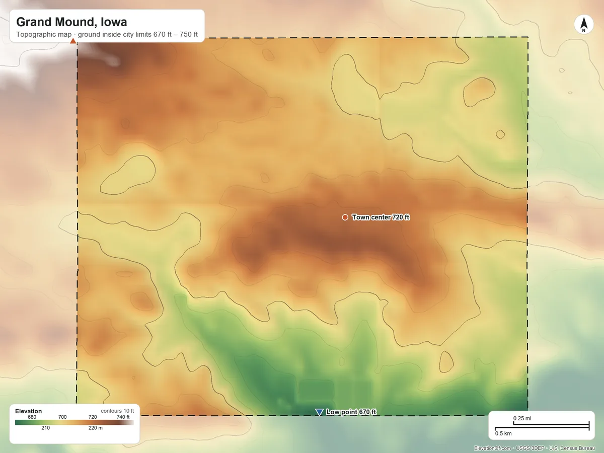 Topographic elevation map of Grand Mound, Iowa, shaded from 670 ft on the south side to 750 ft on the northwest side