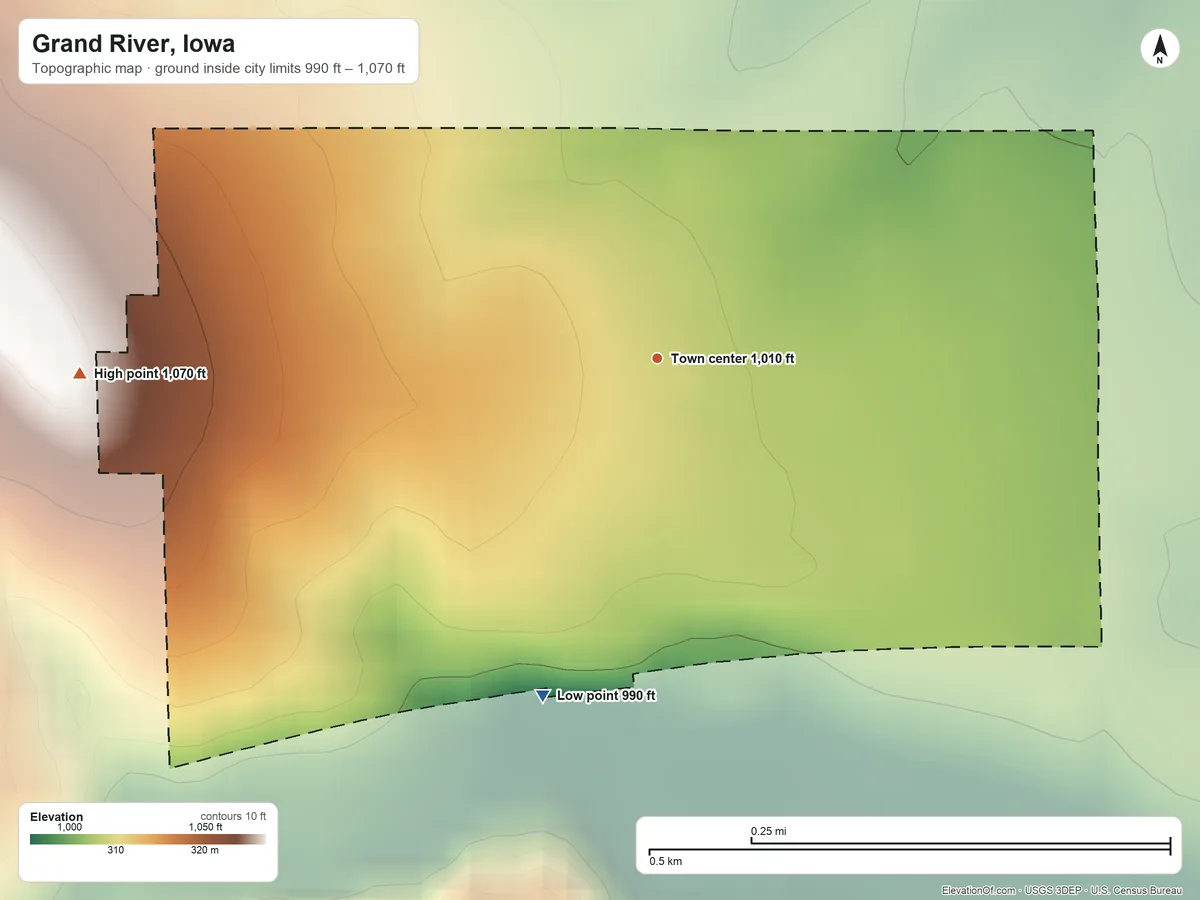 Topographic elevation map of Grand River, Iowa, shaded from 990 ft on the south side to 1,070 ft on the west side