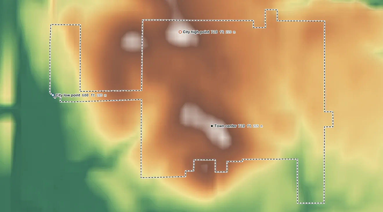 Topographic elevation map of Grandview, Iowa, shaded from 680 ft on the west side to 710 ft on the north side