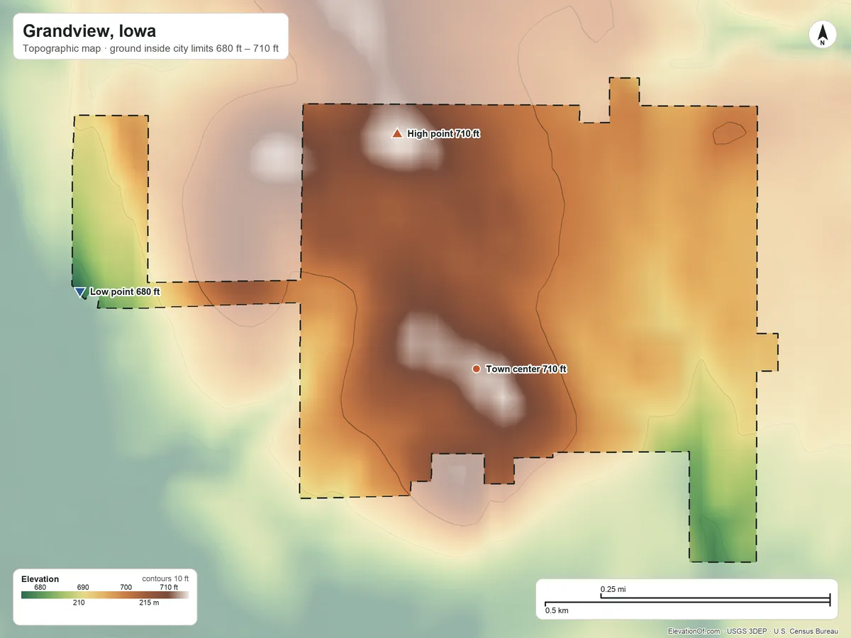 Topographic elevation map of Grandview, Iowa, shaded from 680 ft on the west side to 710 ft on the north side