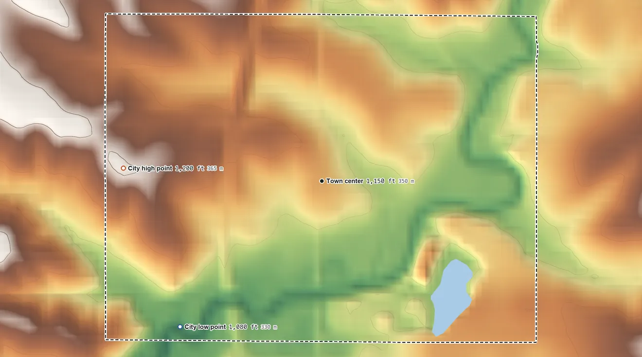 Topographic elevation map of Grant, Iowa, shaded from 1,080 ft on the southwest side to 1,200 ft on the west side
