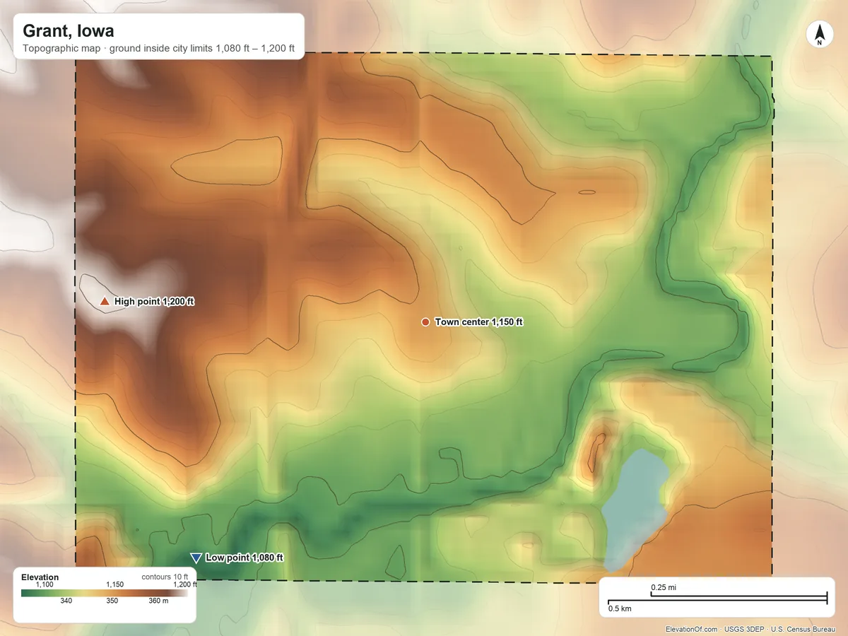 Topographic elevation map of Grant, Iowa, shaded from 1,080 ft on the southwest side to 1,200 ft on the west side