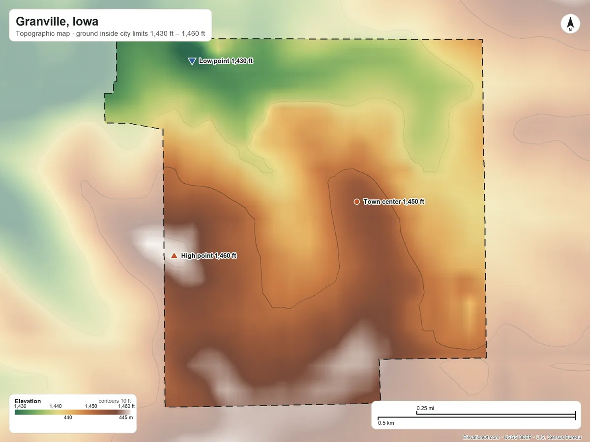 Topographic elevation map of Granville, Iowa, shaded from 1,430 ft on the northwest side to 1,460 ft on the west side