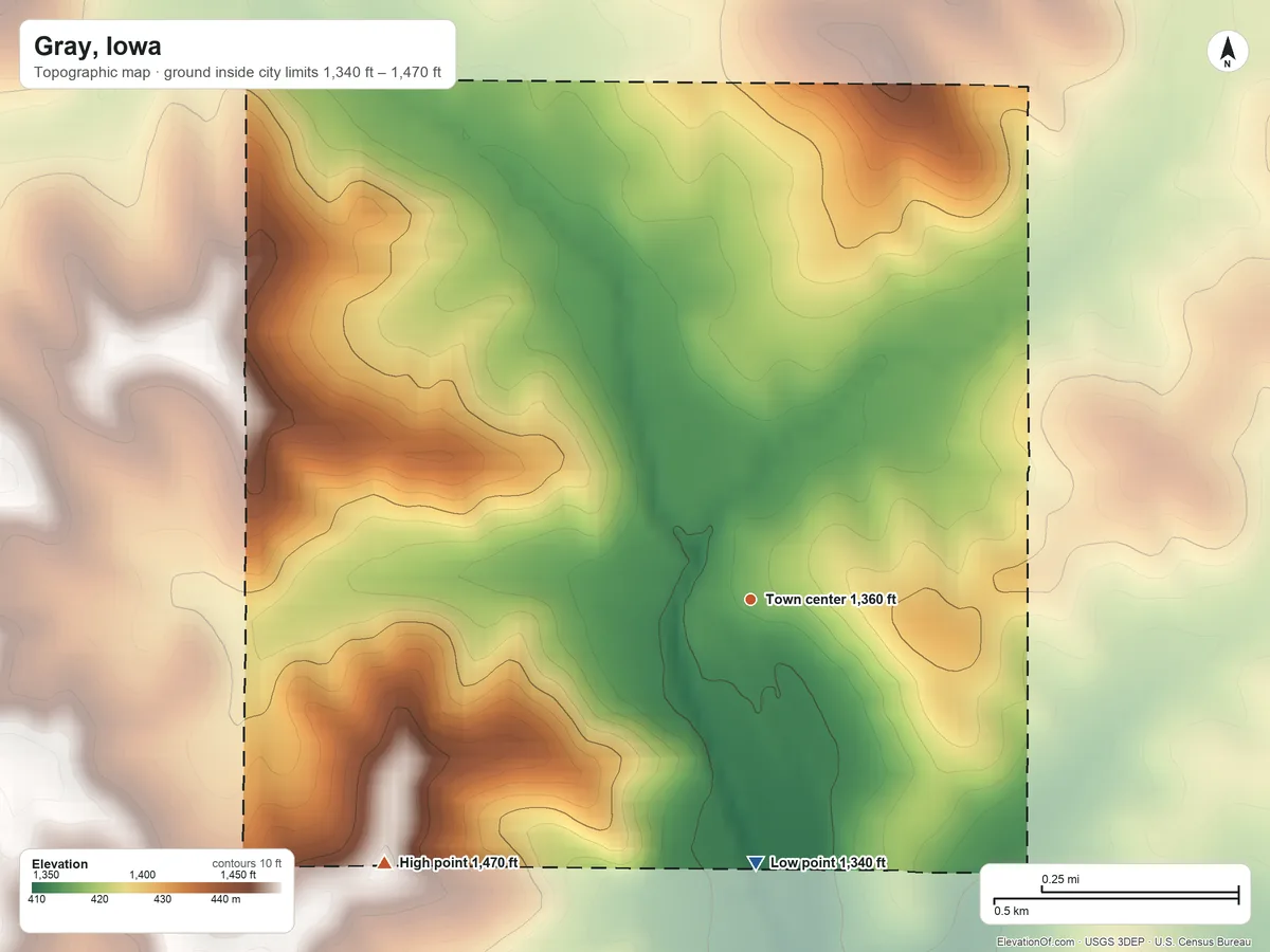 Topographic elevation map of Gray, Iowa, shaded from 1,340 ft on the south side to 1,470 ft on the southwest side