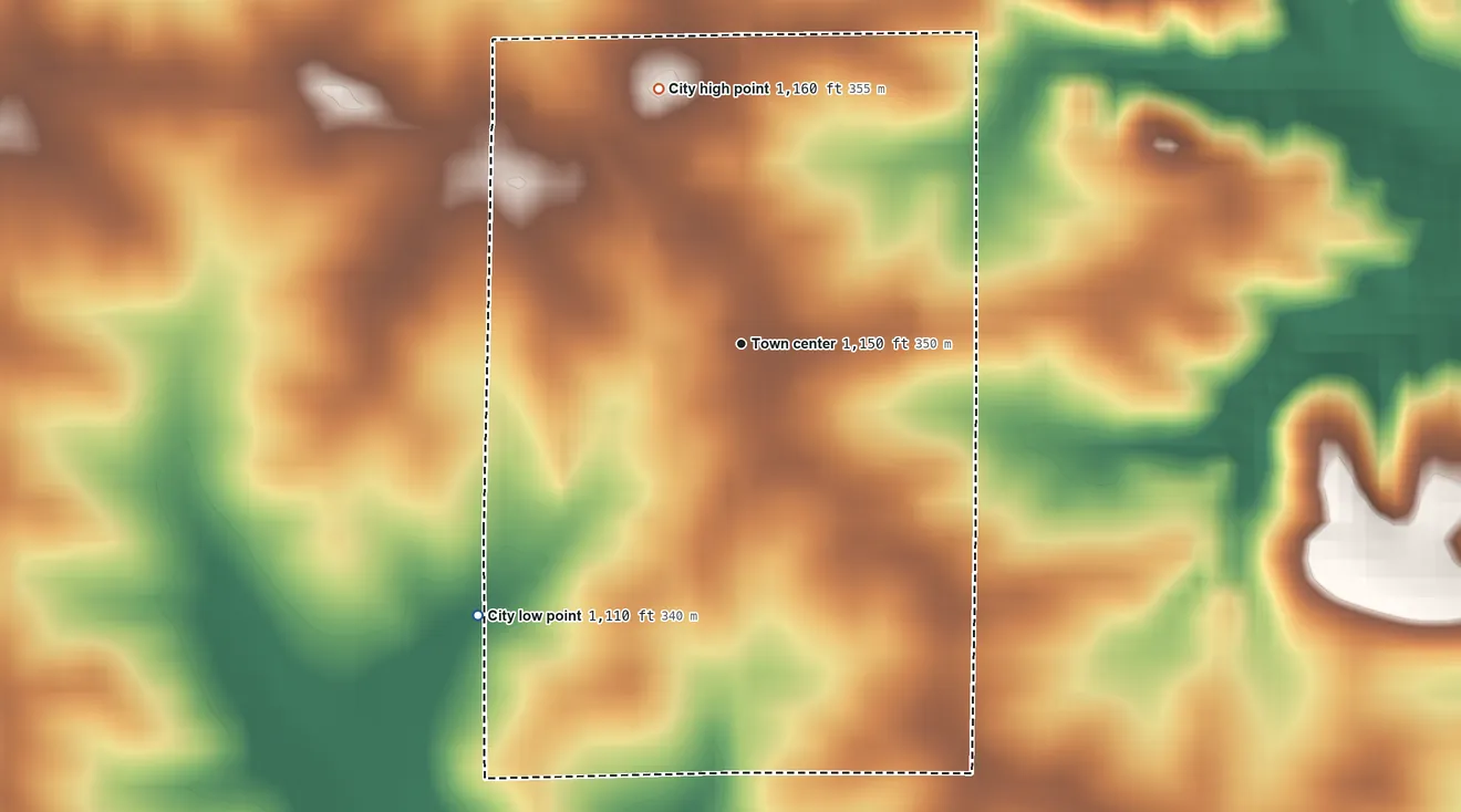Topographic elevation map of Greeley, Iowa, shaded from 1,110 ft on the southwest side to 1,160 ft on the north side