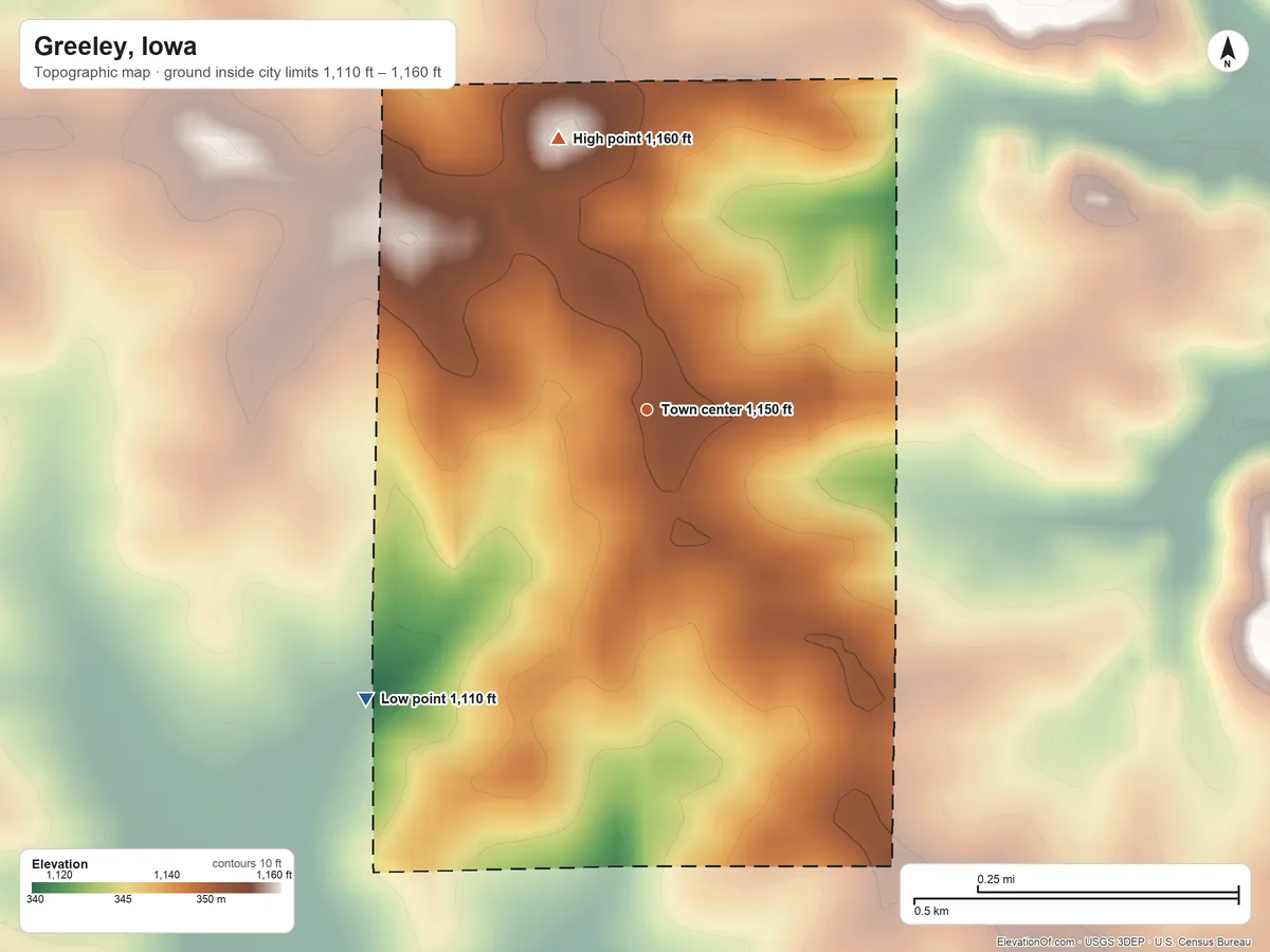 Topographic elevation map of Greeley, Iowa, shaded from 1,110 ft on the southwest side to 1,160 ft on the north side