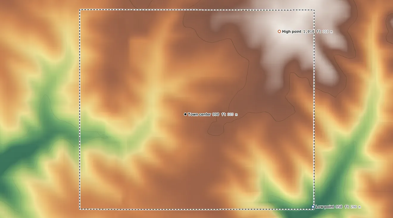 Topographic elevation map of Green Mountain, Iowa, shaded from 950 ft on the southeast side to 1,010 ft on the northeast side